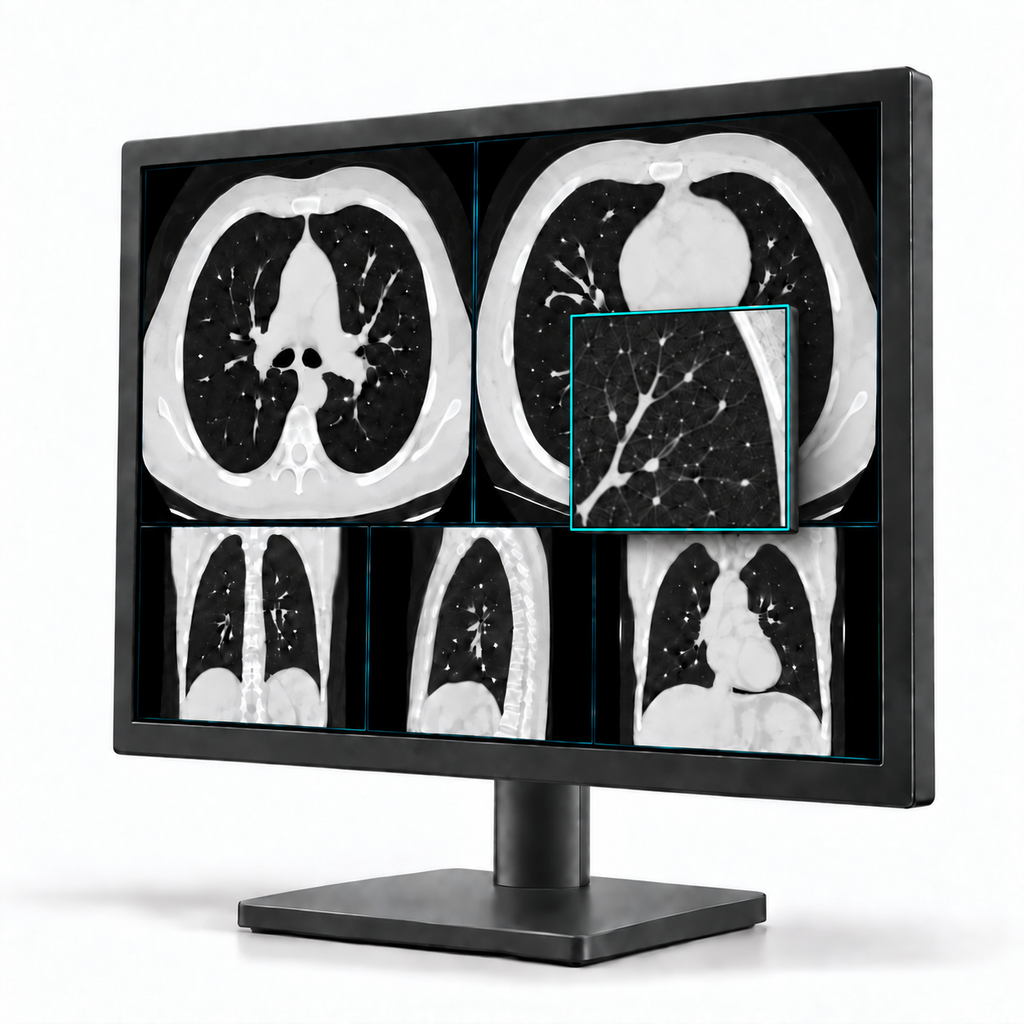 Illustrative radiology monitor displaying chest CT views with a linked enlarged detail