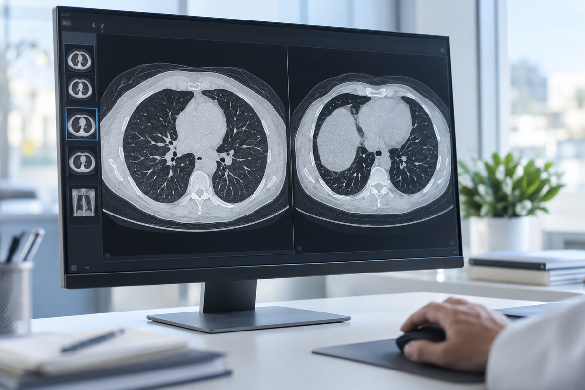 Illustrative radiology workstation displaying chest CT images