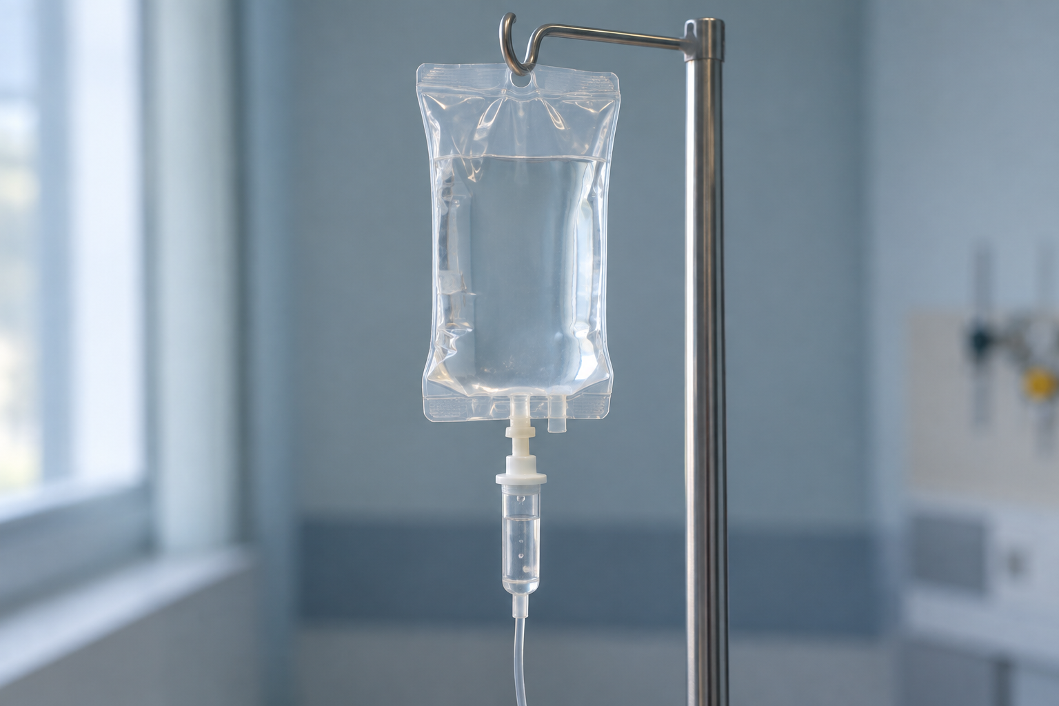 An intravenous medication bag hanging above its drip chamber.