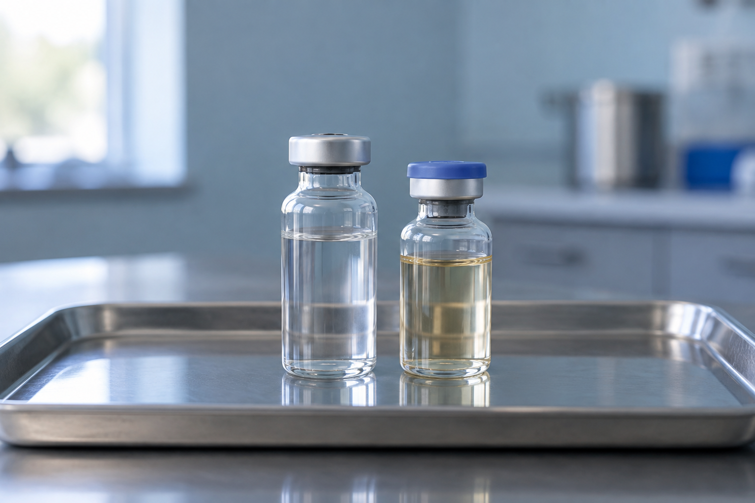 Two distinct medication vials standing together on a clinical tray.
